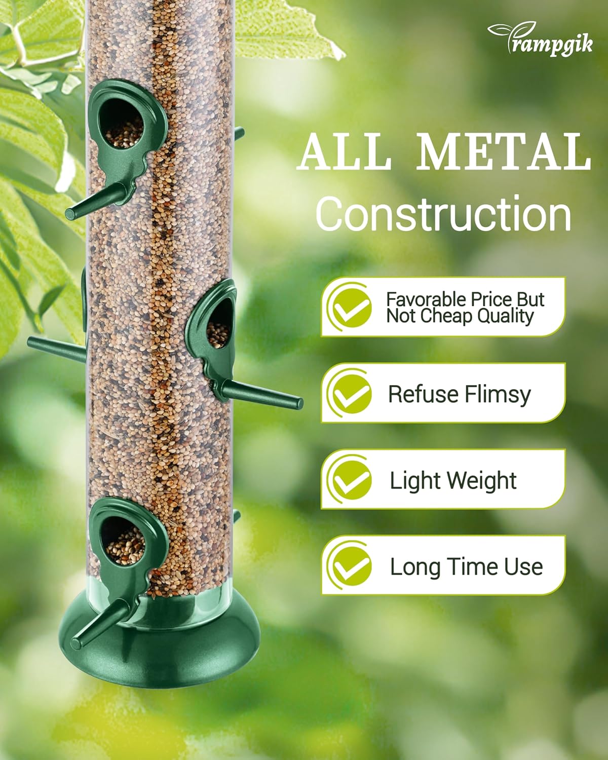 Metal Tube Bird Feeders for Outdoors Hanging,Finch Feeders for Outside,Chew-Proof Hanging Birdfeeder,Squirrel-Proof 6 Ports Bird Feeder 13 Inch,Anti-Rust,Green,1 Pack(Seed is not Included)