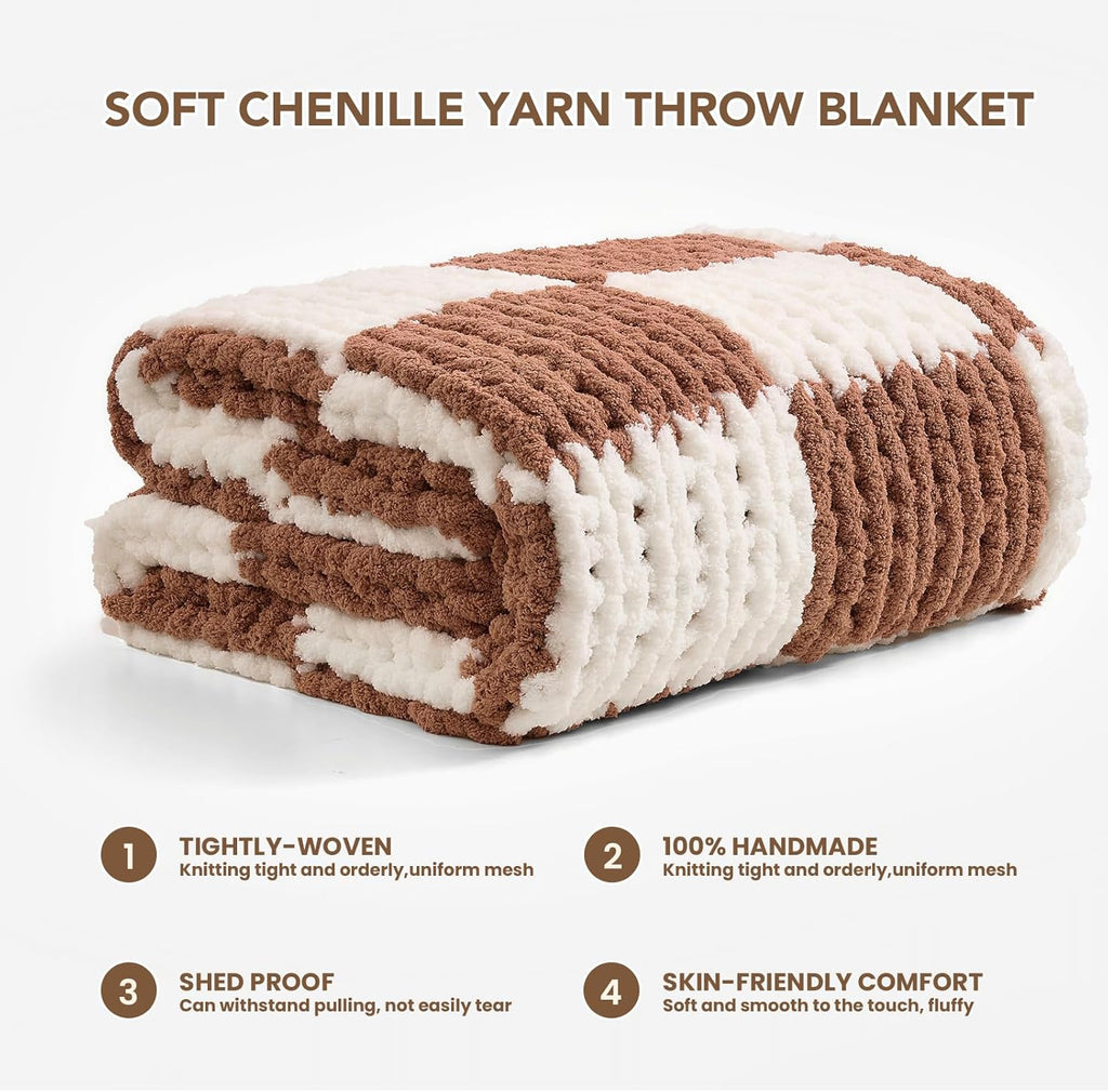 L'AGRATY Chunky Knit Blanket Throw: 60''x80'' Chenille Chunky Knitted Throw Blankets for Twin Bed Couch - Handmade Thick Cable Knit Blanket - Large Crochet Blankets for Home Decor(Brown Checkered)
