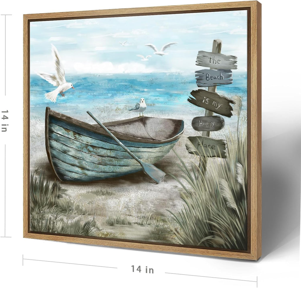 Framed Wall Art Beach Décor Ocean Canvas Picture Coastal Artwork Sea Bird Boat Blue Tan Small Rustic Beachy Canvas Print for Bathroom Bedroom Living Room