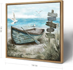 Framed Wall Art Beach Décor Ocean Canvas Picture Coastal Artwork Sea Bird Boat Blue Tan Small Rustic Beachy Canvas Print for Bathroom Bedroom Living Room