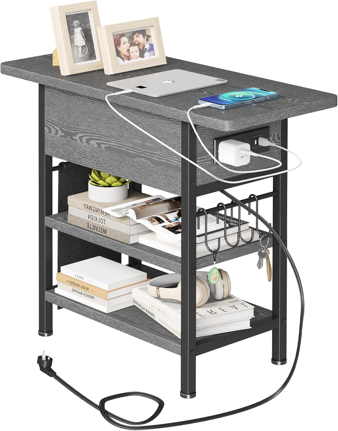End Table with Charging Station, Flip Top Nightstand with USB Ports and Outlets,Couch Side Table with Fabric Bag and Hooks, Bedside Table for Space Saving, Living Room, Bedroom (Grey)