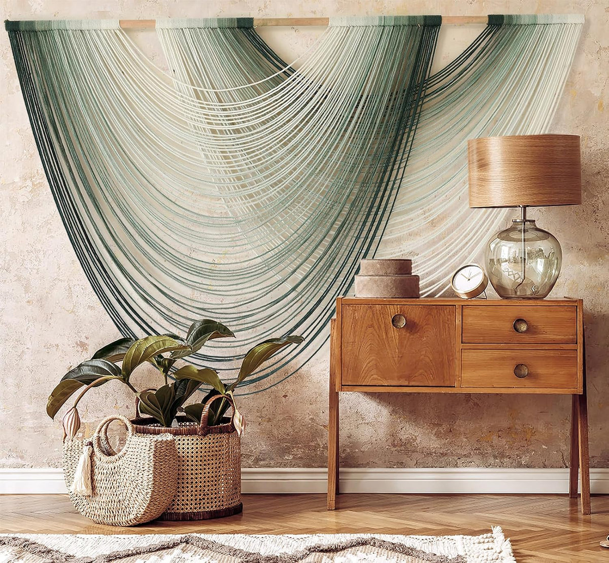 Macrame Wall Hanging Green Yarn Art Dip-Dye Boho Wall Decor Fiber Wall Art Craftsmanship Home Decor 57" W x 39" L