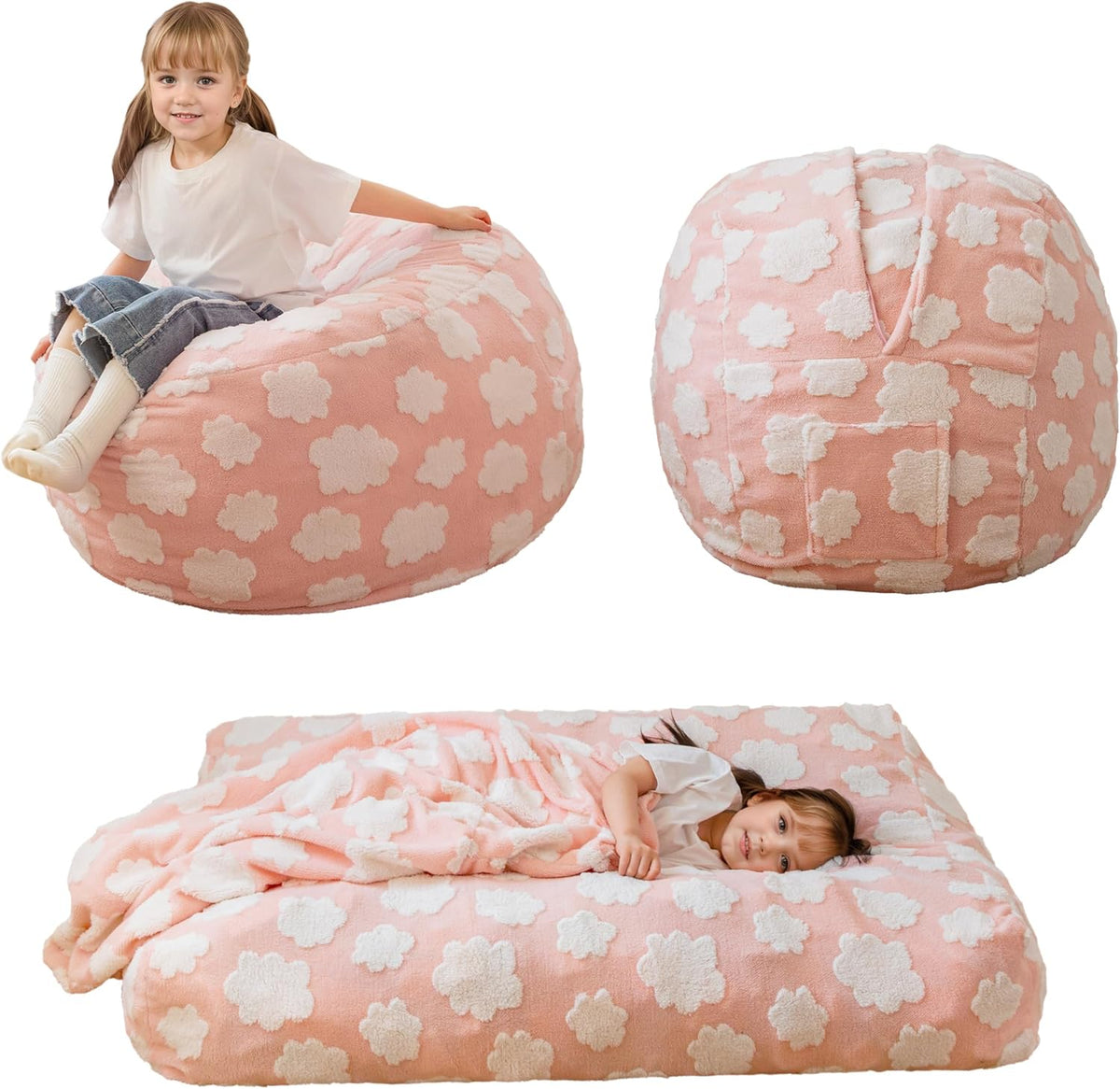 MAXYOYO Bean Bag Chair Bed for Kids, Convertible Bean Bag from Lazy Chair to Floor Bed, Fresh Cloud Design Cover, Stuffed Floor Sofa Couch for Boys and Girls, High-Density Foam Filling, Pink