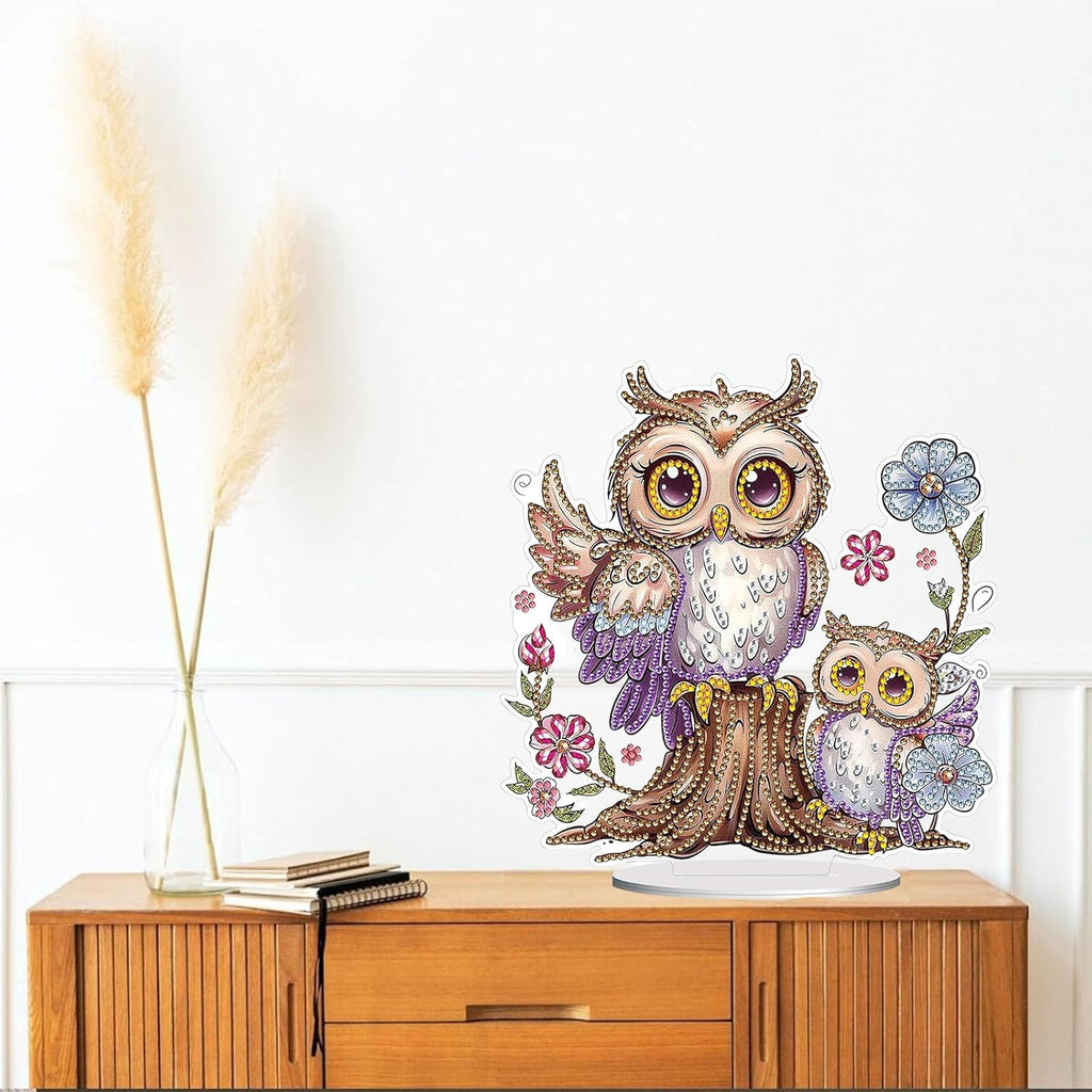 Diamond Painting Kits for Adults Beginners, 5D Full Drill Owl Crystal Art Desktop Ornament, DIY Single Sided Home Office Desk Decor, Creative Craft Gift Set with Tools