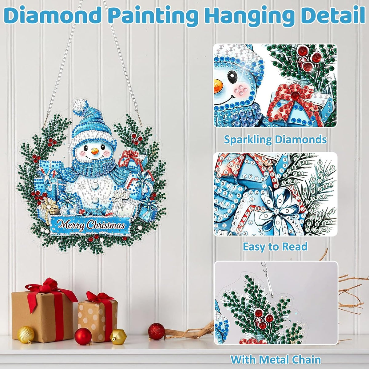MEIYUDA Christmas Hanging Diamond Art Kits for Adult, Snowman Wreath Diamond Painting Hanging Kits Ornaments, DIY Special Shaped Rhinestone Window Pendants kit for Home Garden Wall Decor Gift