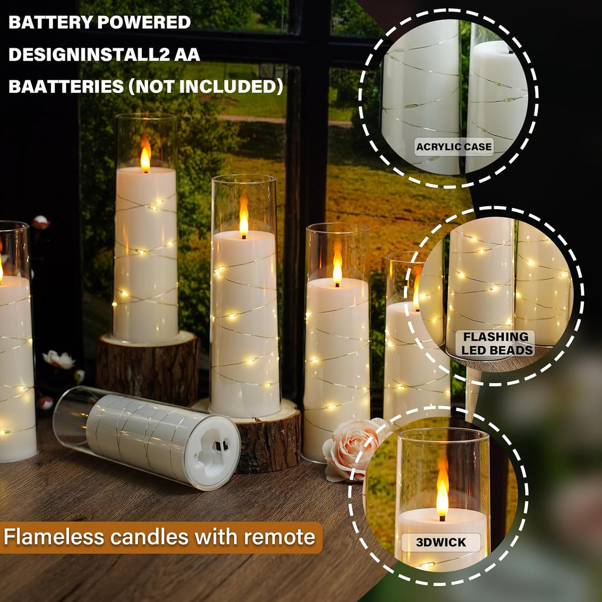 Flickering Flameless LED Candles,Battery Operated Candles 24 Pcs with Embedded Star String,Acrylic LED Pillar Candles with Remote,Suitable for Home Decoration to Create an Atmosphere (White)