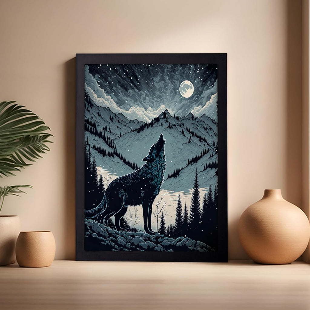 Poster Master Vintage Illustration Poster - Retro Animal Print - Gift for Artist, Friend - Wolf Howling at the Moon, Mountain, Snow, Landscape - Wall Decor for Home, Office, 16x20 Black Framed
