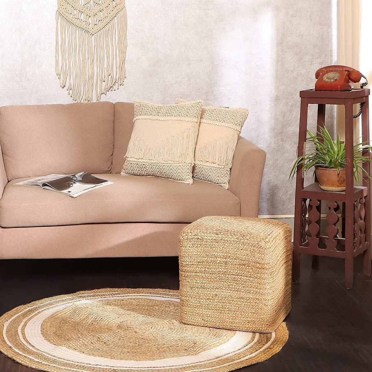 REDEARTH · Cube Pouf Foot Stool Ottoman - Jute Braided Pouffe Poof Accent Sitting - Set of 2 Footrest for The Living Room, Bedroom, Nursery, Patio, Lounge, Office - 14.5”x14.5”x16” - Natural