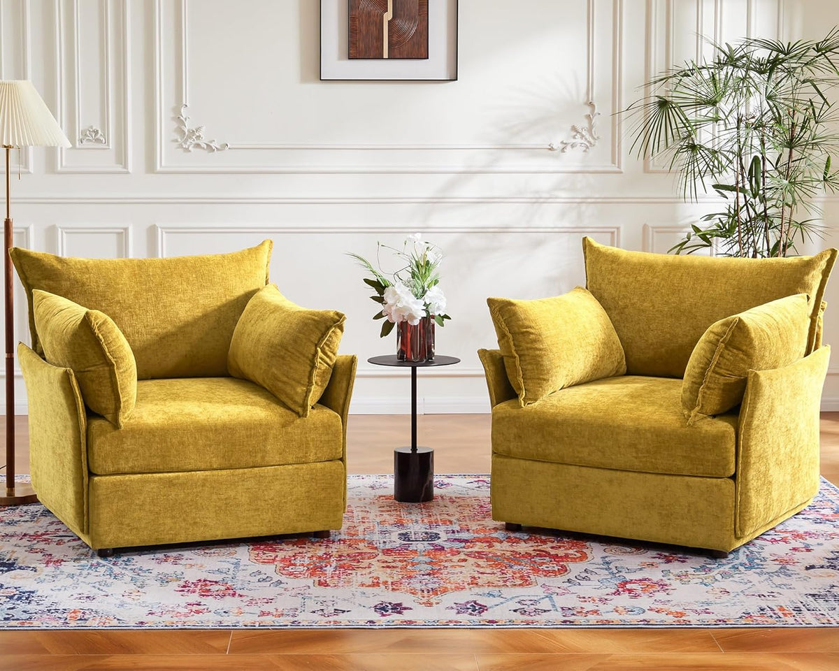 Oversized Accent Chair, Upholstered Modern Sofa Chair with Removable Backrest & Detachable Cover, 24.5" Deep Seat Large Reading Armchair for Living Room Bedroom Office-Chenille Yellow Set of 2