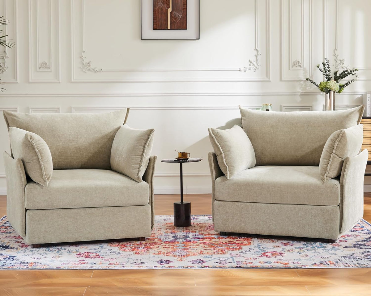 Oversized Accent Chair, Upholstered Modern Sofa Chair with Removable Backrest & Detachable Cover, 24.5" Deep Seat Large Reading Armchair for Living Room Bedroom Office - Chenille Beige Set of 2