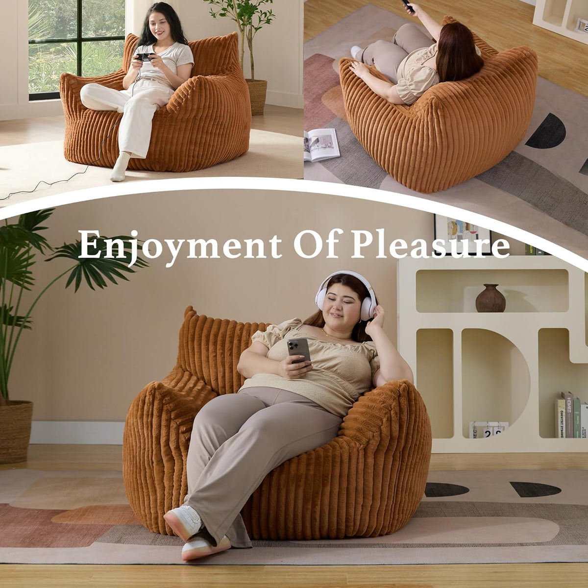 Giant Plush Bean Bag Chair for Adults with Armrests - Oversized Comfy Orange Beanbag Lounge Lazy Floor Sofa Accent Chair for Living Room, Bedroom & Dorm, Cozy Fluffy Single Cloud Mini Couch