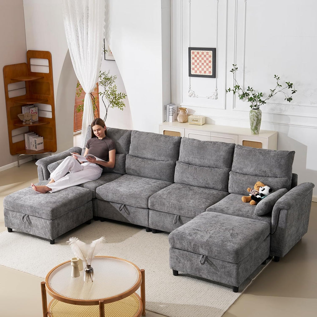 132'' Oversized Modular Sectional Sofa, U Shaped Comfy Sectional Couch with Large Storage, 6 Seat Chenille Deep Seat Cloud Sofa with 2 Throw Pillows for Living Room,Grey