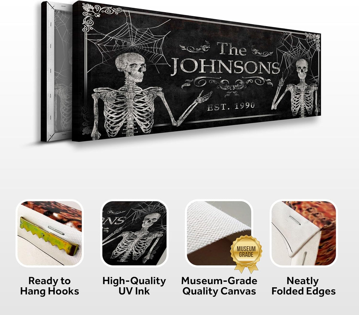 Tailored Canvases Gothic Family Wall Decor - Personalized Grunge Vintage Skeleton Room Decor for Home, Halloween Lovers, Men & Women for Bedroom, Living Room - Custom Couple Name, White Print, 36"x12"