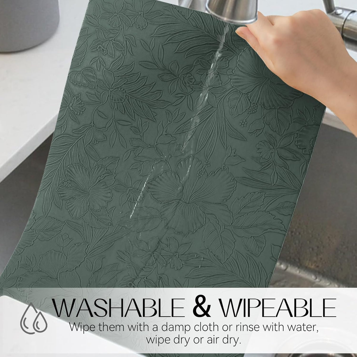 Romanstile Vinyl Placemats Set of 4-12 X 18 Inch - Heat Resistant Non-Slip Embossed Floral Place Mats 100% Waterproof Oilproof Wipeable Faux Leather Table Mats for Kitchen/Dining/Party, Green