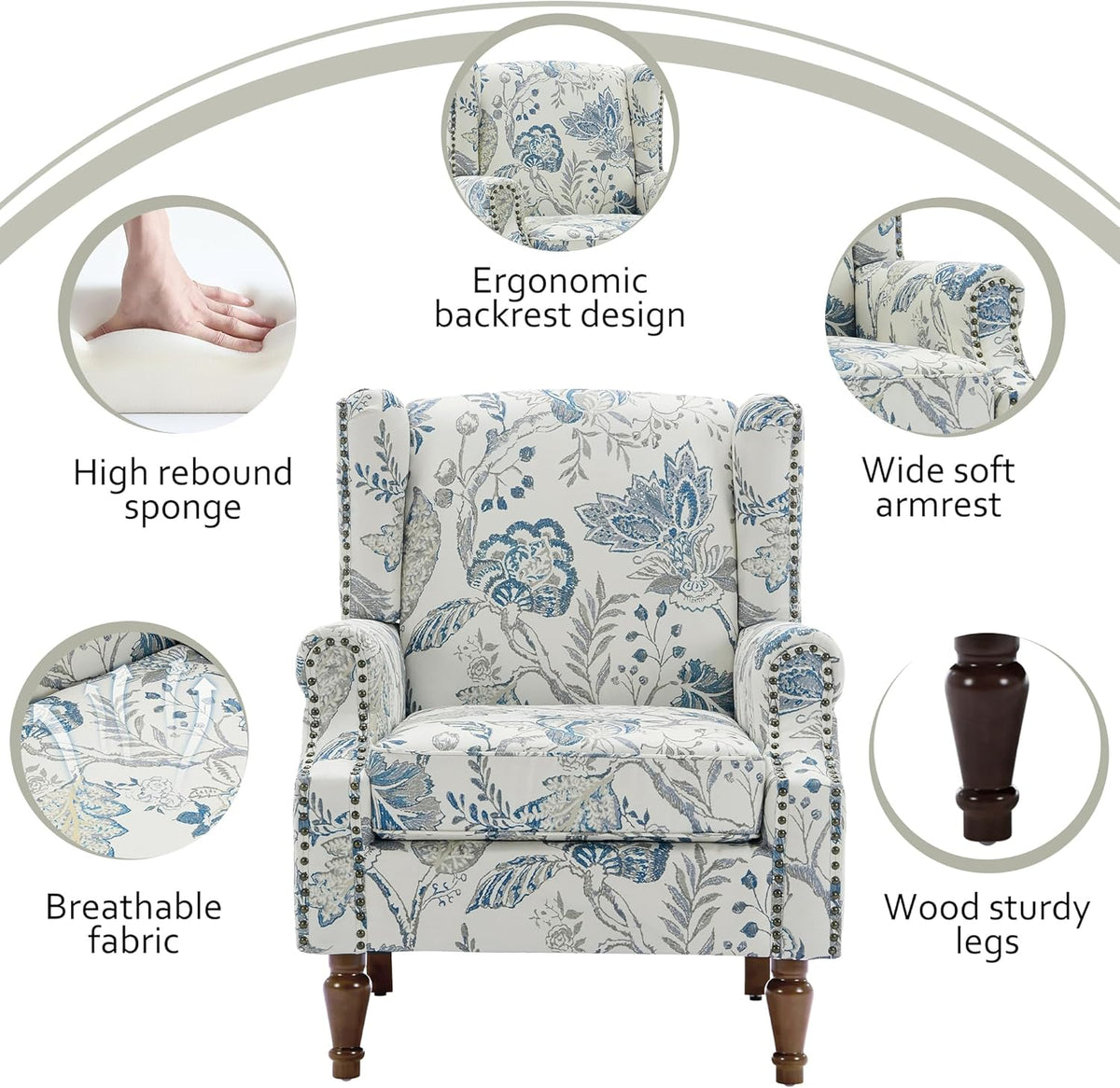 Lumibee Wingback Accent Chair, 2 Set High Back Floral Armchairs in Fabric,Comfy Upholstered Reading Single Sofa Chairs with Solid Wood Legs for Living Room,Bedroom,Office-Plants Blue