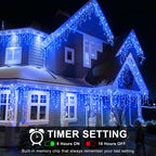 98FT Blue Icicle Lights for Outside, 1216 LED Icicle Christmas Lights with 8 Modes 228 Drops, Curtain Twinkle Lights for Indoor Outdoor Bedroom House Holiday Party Wedding Decorations