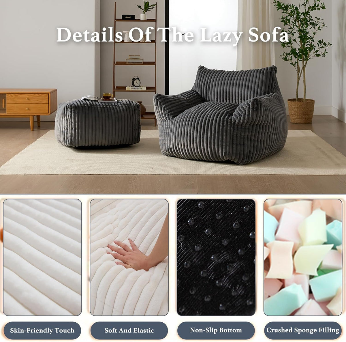 Oversized Bean Bag Chaise Lounge Chair Indoor for Adults with Armrests & Ottoman - Giant Comfy Gray Beanbag Floor Sofa Cloud Accent Chair for Reading, Gaming, Cozy Plush Cloud Mini Couch