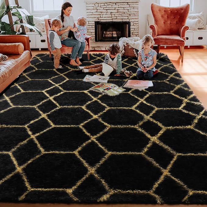 Area Rugs for Bedroom Living Room, 4x6 Fluffy Black and Gold Geometric Rug | - Image 9