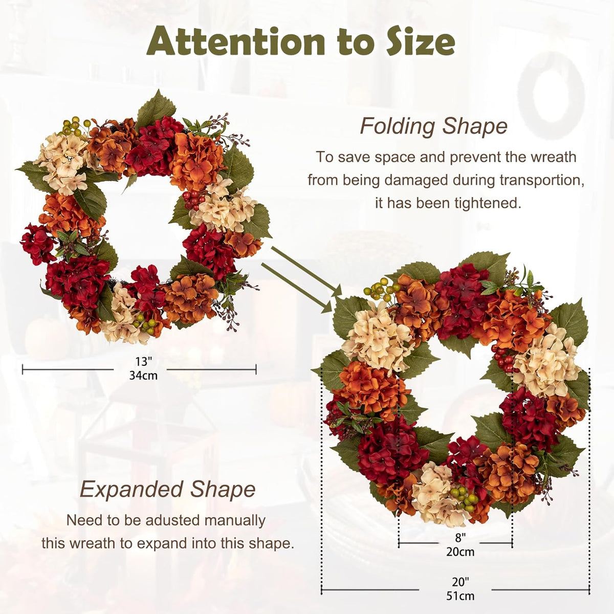 Fall Wreaths for Front Door, 20 inch Autumn Wreath with Hydrangeas Berries Fall Door Wreath Artificial Hydrangea Flowers Wreaths Autumn Decorations for Farmhouse Thanksgiving Harvest Door Wall Outside