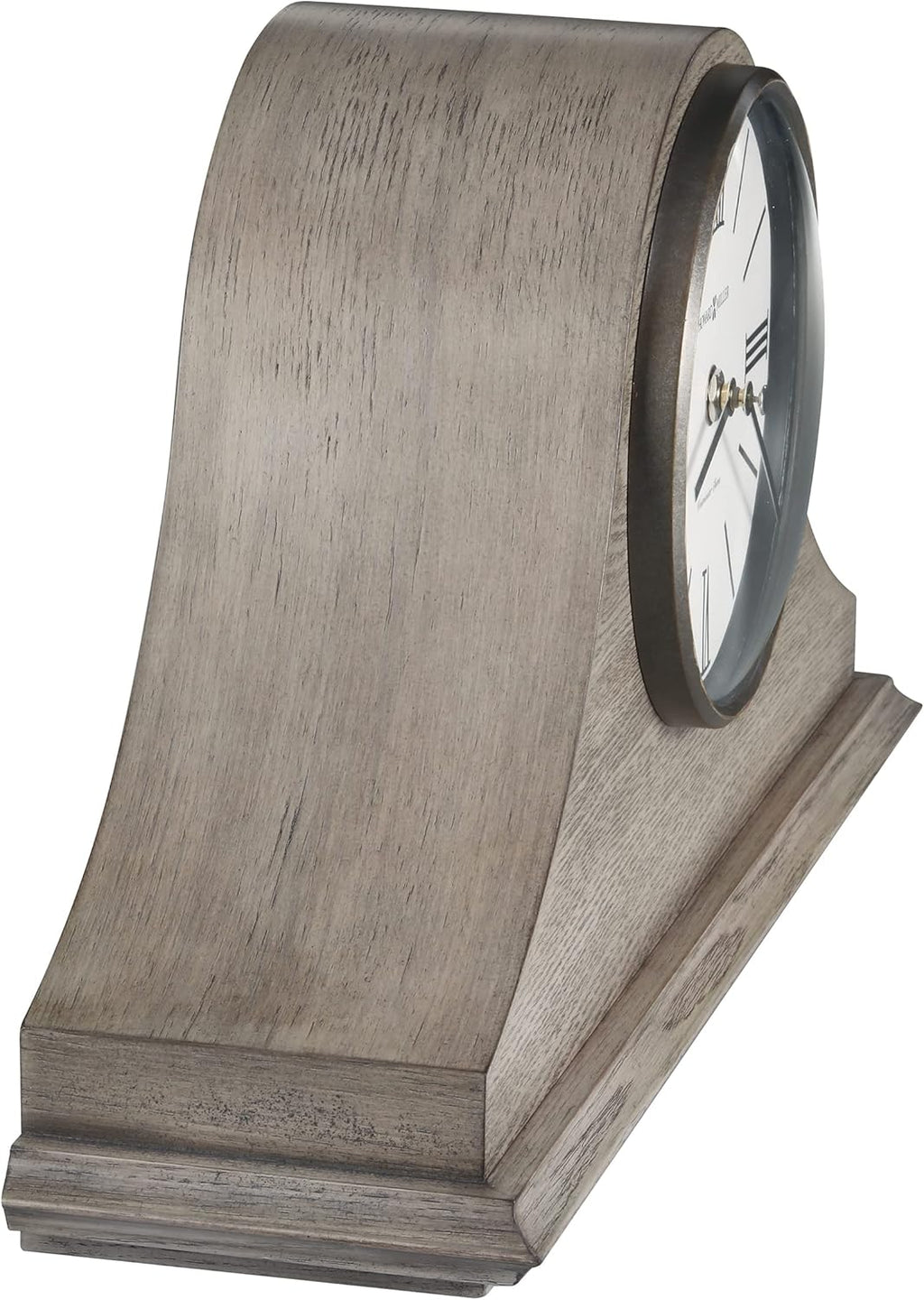 Howard Miller Lakeside Mantel Clock, Triangular Burl Overlays Gray Finish Sturdy Wooden Material, Vintage Analog Dial Roman Numerals with Black Bar Style Idle Timepiece for Office & Home Decor