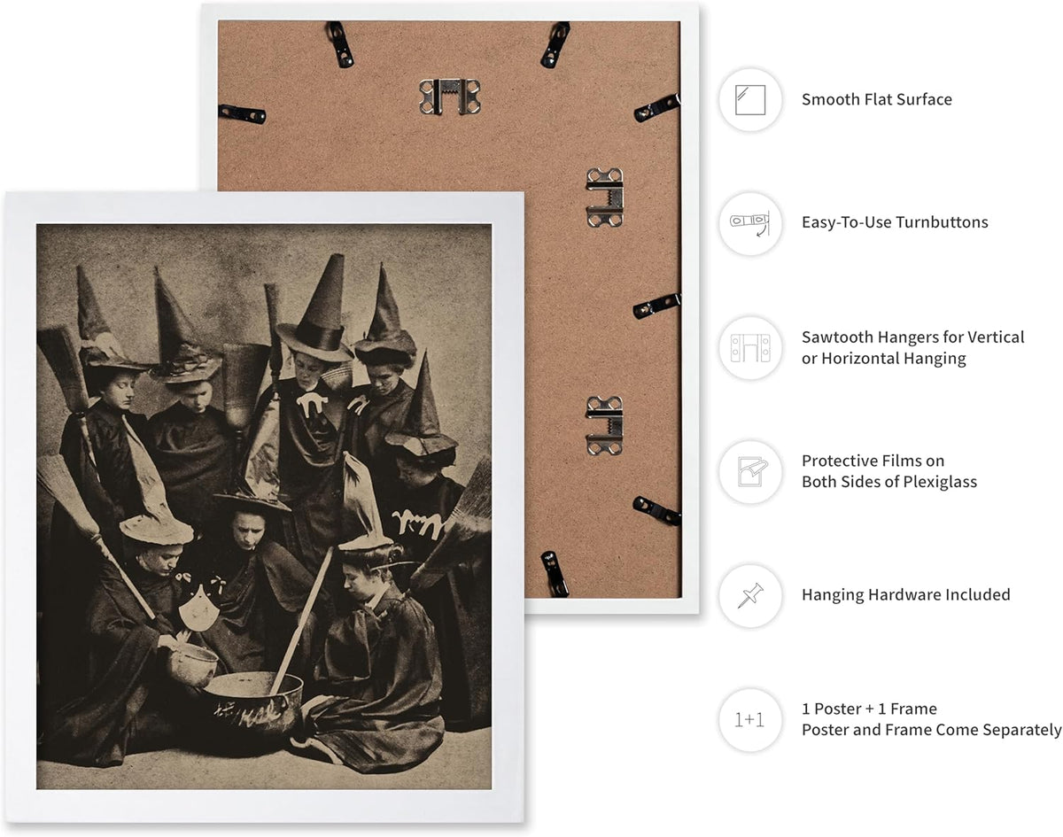 Poster Master Vintage Photograph Poster - Retro Halloween Print - Gift for Artist, Friend - Witches Cooking, Pointy Hats, Broomsticks, Black Magic - Wall Decor for Bedroom, 16x20 White Framed