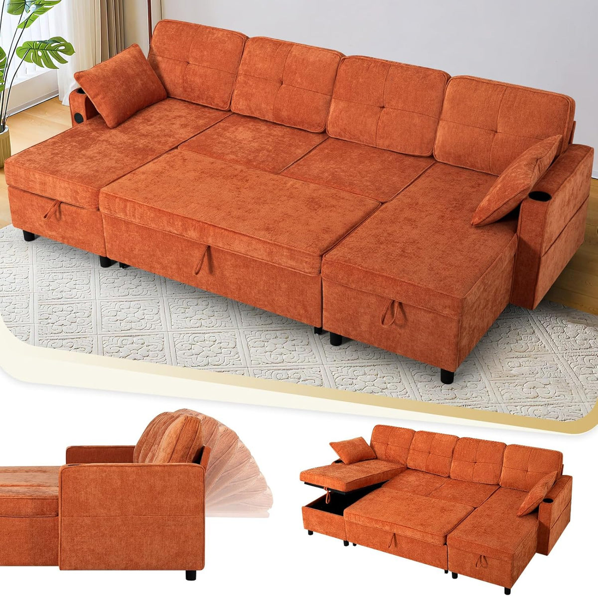 ACMEASE110“ Inches L-Shaped Pull Out Sofa Bed w/Storage Chaise & Adjustable Back, Chenille Sectional Sofa w/USB Port,Tufted Sleeper Couch w/Cup Holders for Living Room, Orange