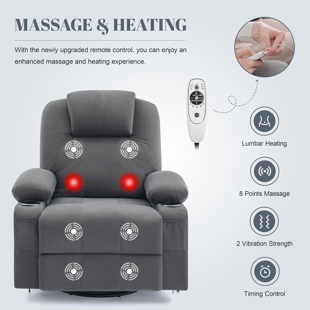 Oversized Swivel Rocker Recliner Chair with Heat and Massage, 360 Degree Swivel Rocking Single Sofa with Cup Holders and USB Port, Big Large Recliner Chair for Living Room (Fabric, Darkgrey)