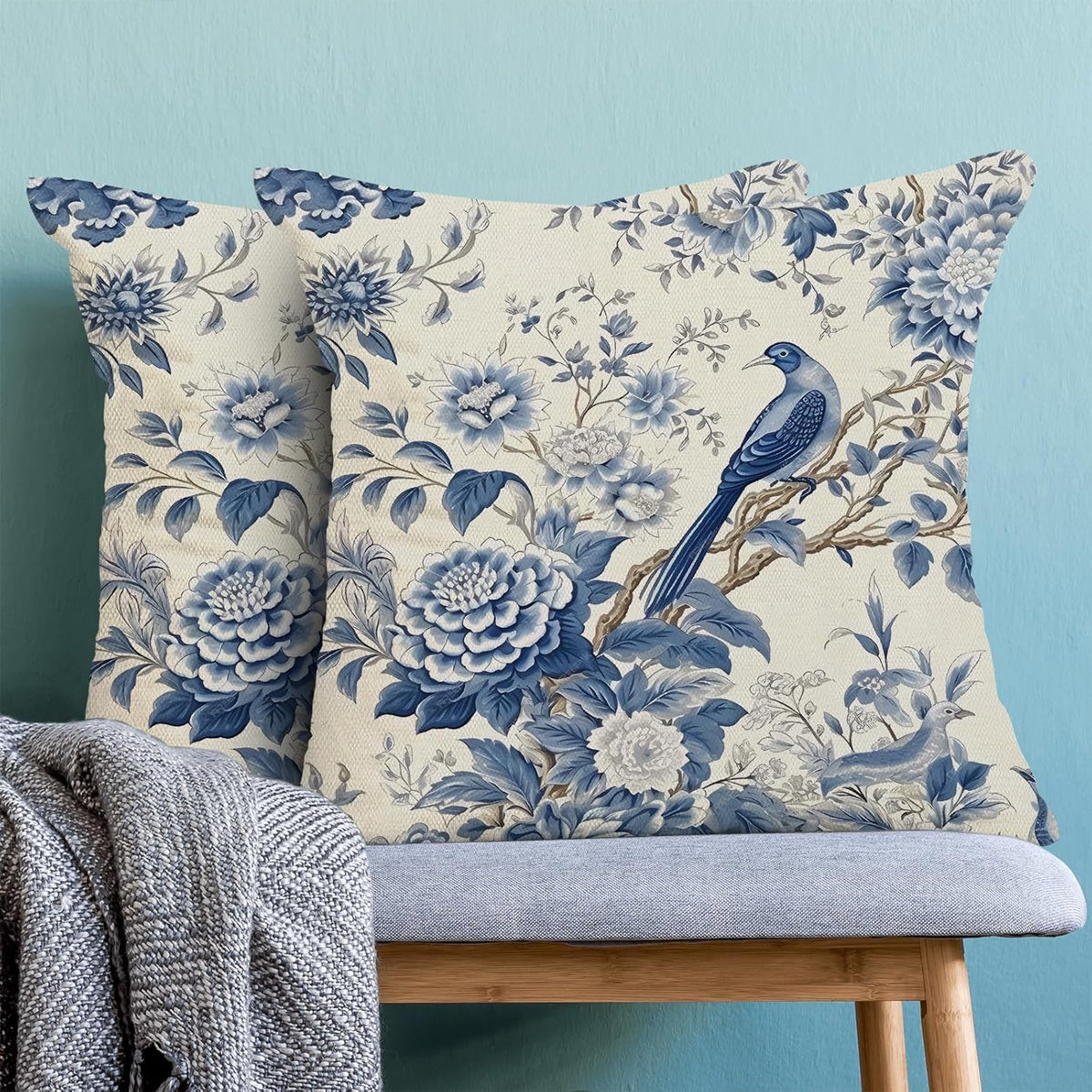 CXMEIFLY Spring Floral Pillow Covers 20 x 20 Inch Set of 2 for Chinoiserie Flowers Bird Decor Throw Pillows Vintage Blue and White Plant Outdoor Decorative Cushion Cases for Couch Bed Decorations