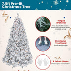 7.5 ft Prelit Flocked Christmas Tree, Lighted Full Christmas Tree with Pine Cones & 550 UL Lights, Snow Frosted Artificial Christmas Tree with Lights, Auto Hinged Xmas Tree for Holiday Décor