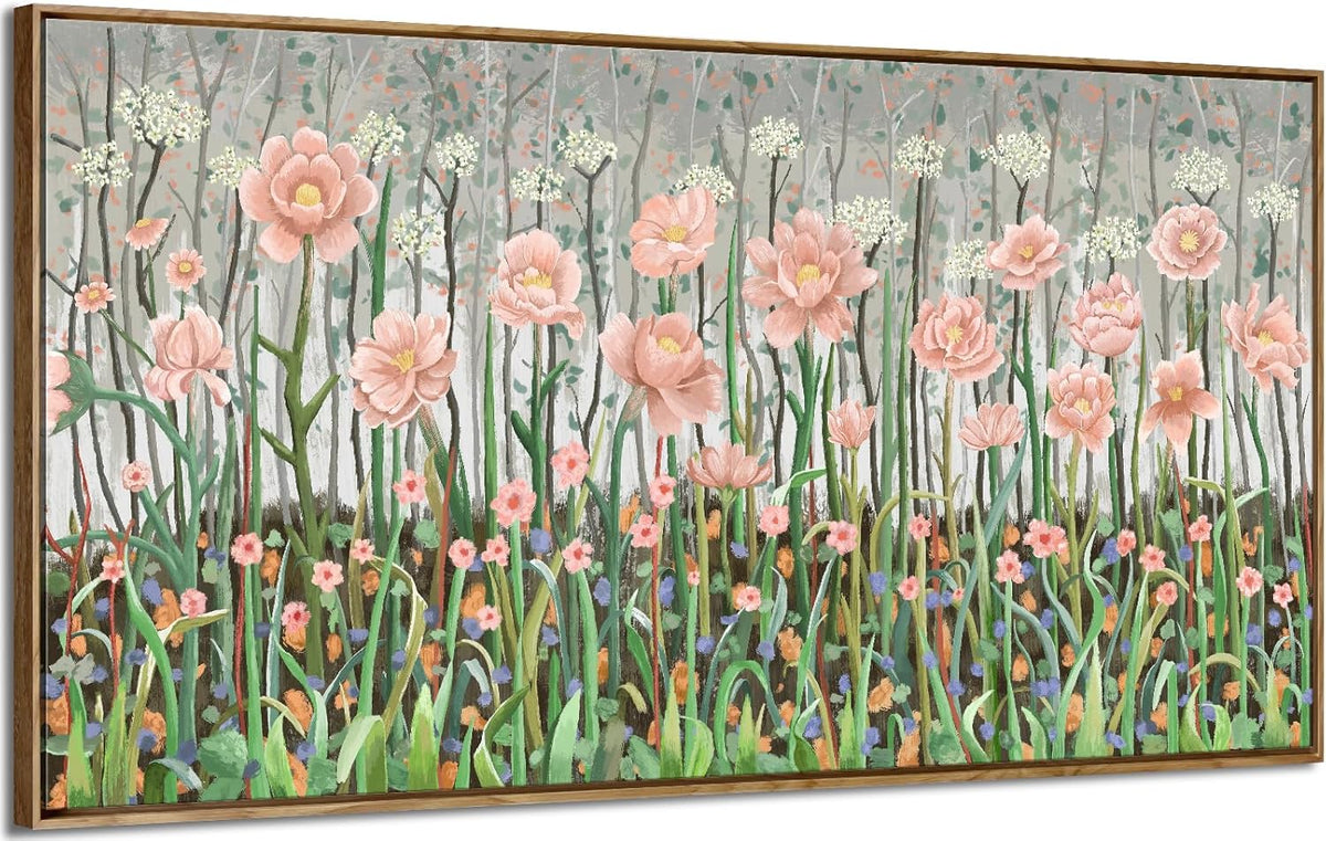 amatop Framed Large Floral Wall Art Modern Botanical Canvas Print Flower Field Wall Decor Abstract Landscape Picture Blooming Flower Forest Pink Green Artwork for Living Room Bedroom Office 48x24 in