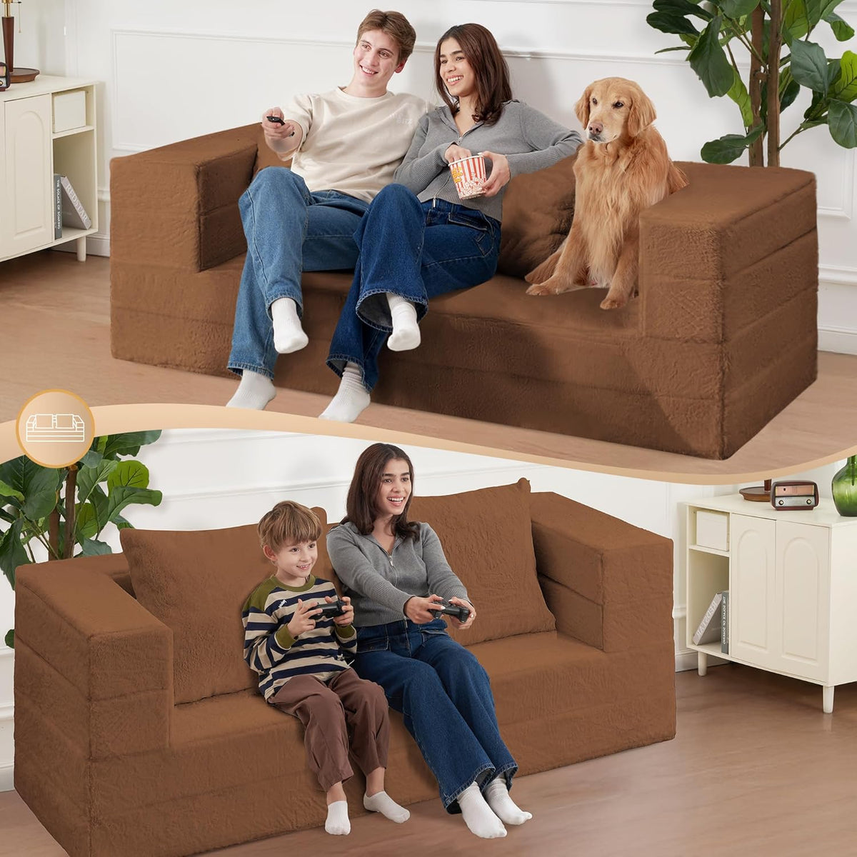 Folding Bean Bag Chair for Adults,3-in-1 Bean Bag Couch Faux Fur Floor Sofa Large Beanbag Convertible Bean Bag Sofa Bed with Pillow in Bedroom,Living Room,Apartment(Queen,Caramel)