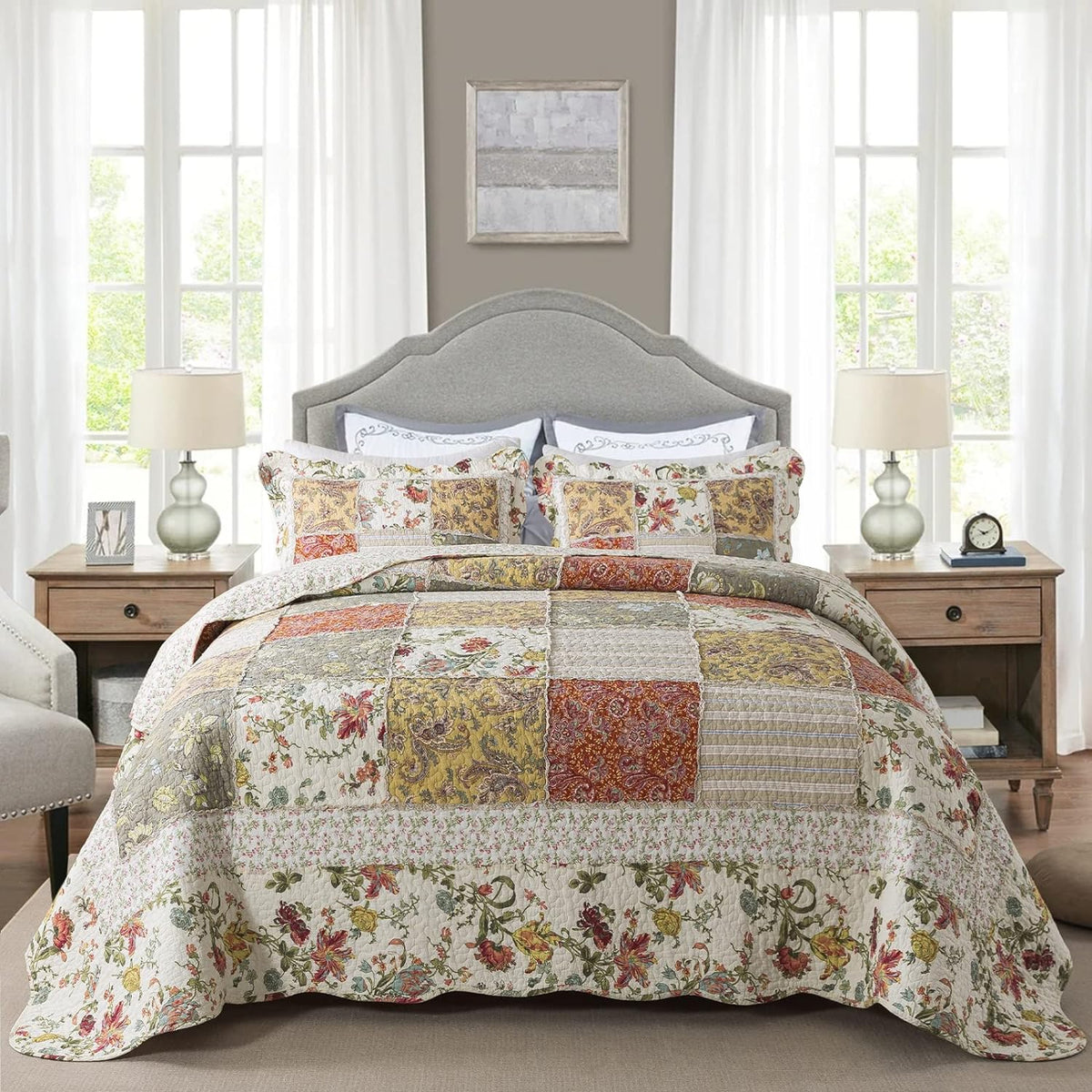 NEWLAKE Cotton Patchwork Bedspread, 3-Piece Bedding Quilt Set with Real Stitched Embroidery, Reversible Matelasse Bed Coverlet Set,Floral Paisley Grid with Lace,Queen Size