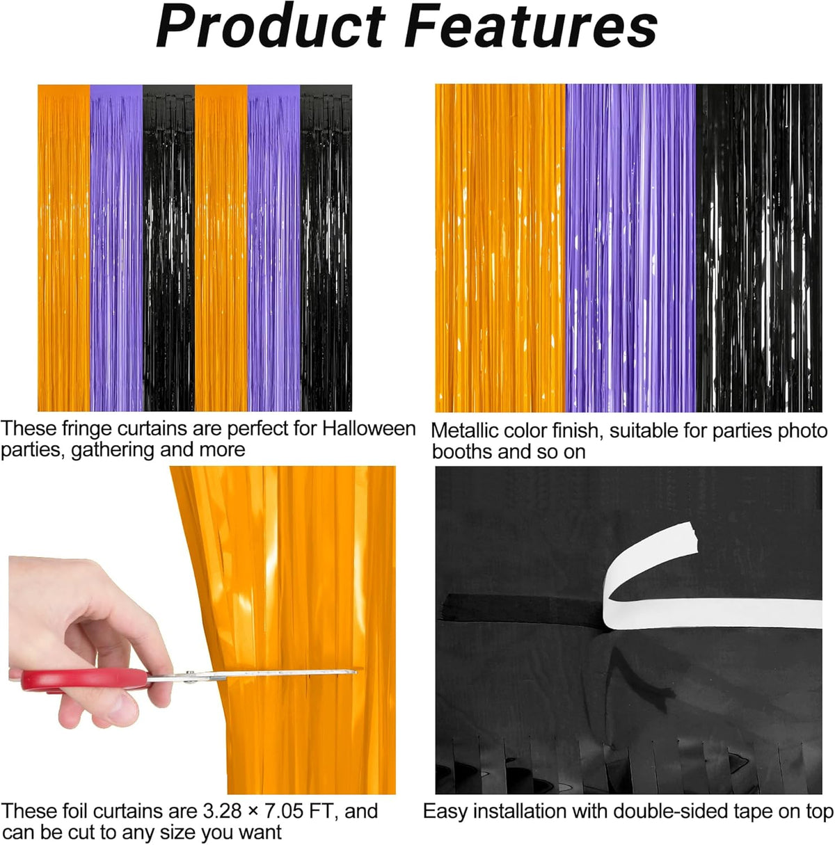 4 Pack Halloween Decorations, 3.28 FT x 7.05 FT Orange Purple Black Party Streamer, Funny Photo Backdrop Foil Curtains Fringe Tinsel, Halloween Door Decor Party Supplies Indoor