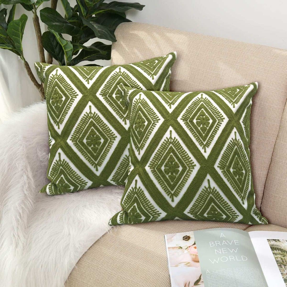 Alysheer Embroidered Decorative Throw Pillow Covers 18x18 inches Set of 2 Pieces, Boho Geometric Modern Chic Classic Pattern Cotton Cushion Cases for Sofa Couch Bed Living Room(Olive Green)