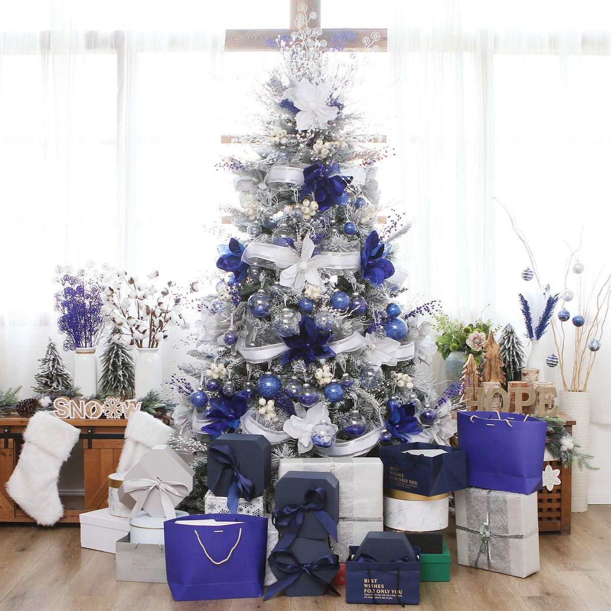 Sea Team 70mm/2.76" Shatterproof Clear Plastic Christmas Tree Ball Ornaments Set, Decorative Hanging Transparent Xmas Baubles with Stuffed Delicate Decorations (24 Counts, Royal Blue)