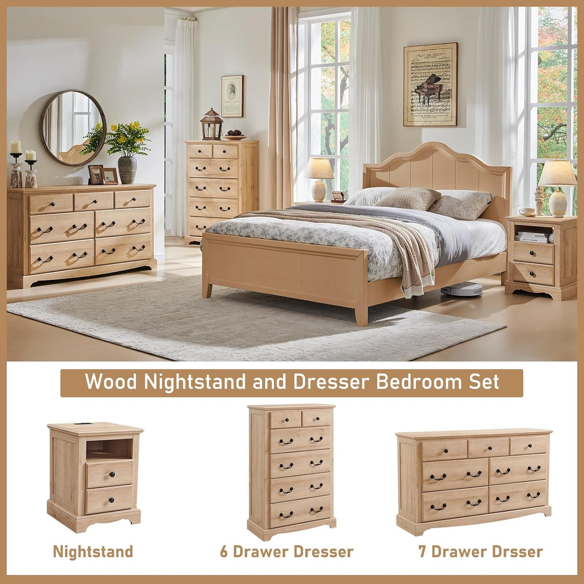T4TREAM 6 Drawers Dresser Chests for Bedroom, 48" Tall Rustic Chset of Drawers, Wood Dressers Organizer for Bedroom, Living Room,Hallway, Natural Oak
