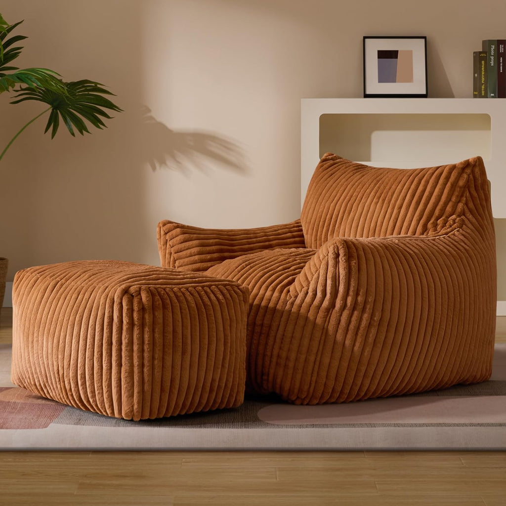 Oversized Bean Bag Chaise Lounge Chair Indoor for Adults with Armrests & Ottoman - Giant Comfy Orange Beanbag Floor Sofa Cloud Accent Chair for Reading, Gaming, Cozy Plush Cloud Mini Couch