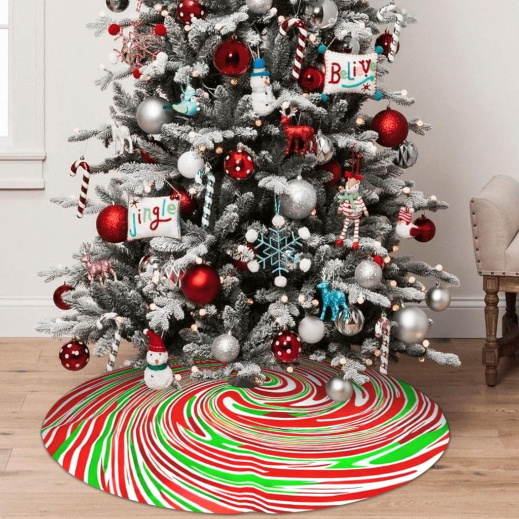 36" Red and Green Swirl Christmas Tree Skirt Sweet Peppermint Candy Tree Mat Base Cover for Xmas Festive Holiday Party Decoration Ornaments