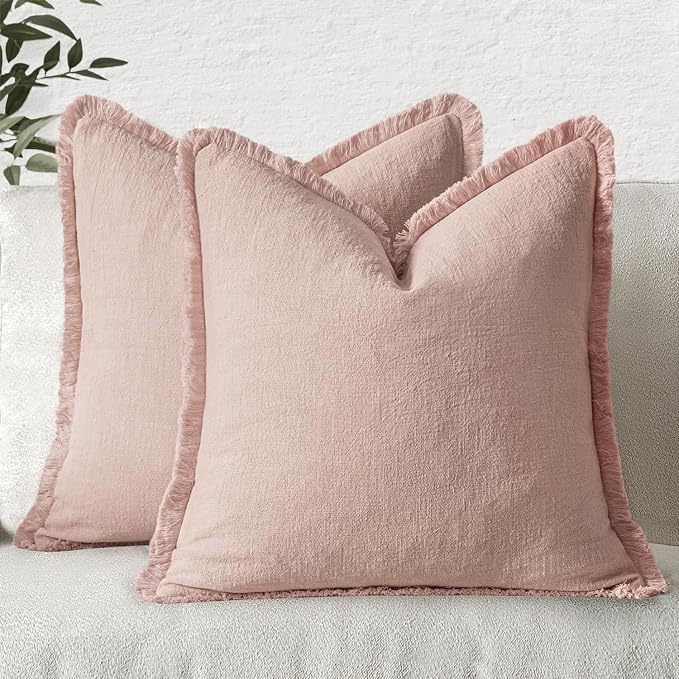 MIULEE Boho Linen Fringe Decorative Throw Pillow Covers Light Pink 20x20 | Set by MIULEE