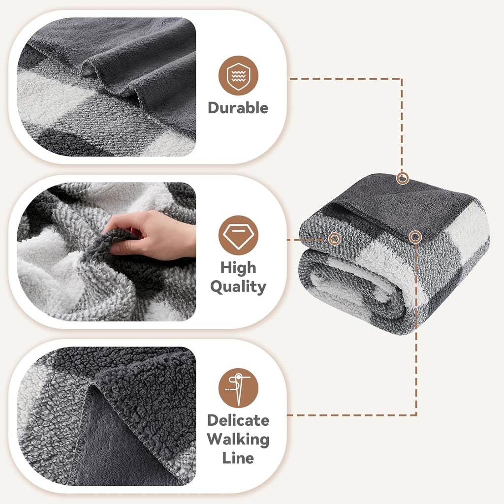LURKA Checkered Sherpa Fleece Throw Blanket - Extra Thick and Warm Winter Soft Fuzzy Plush Blanket for Couches, Beds & Pets, Smoke Grey, 50x60 Inches