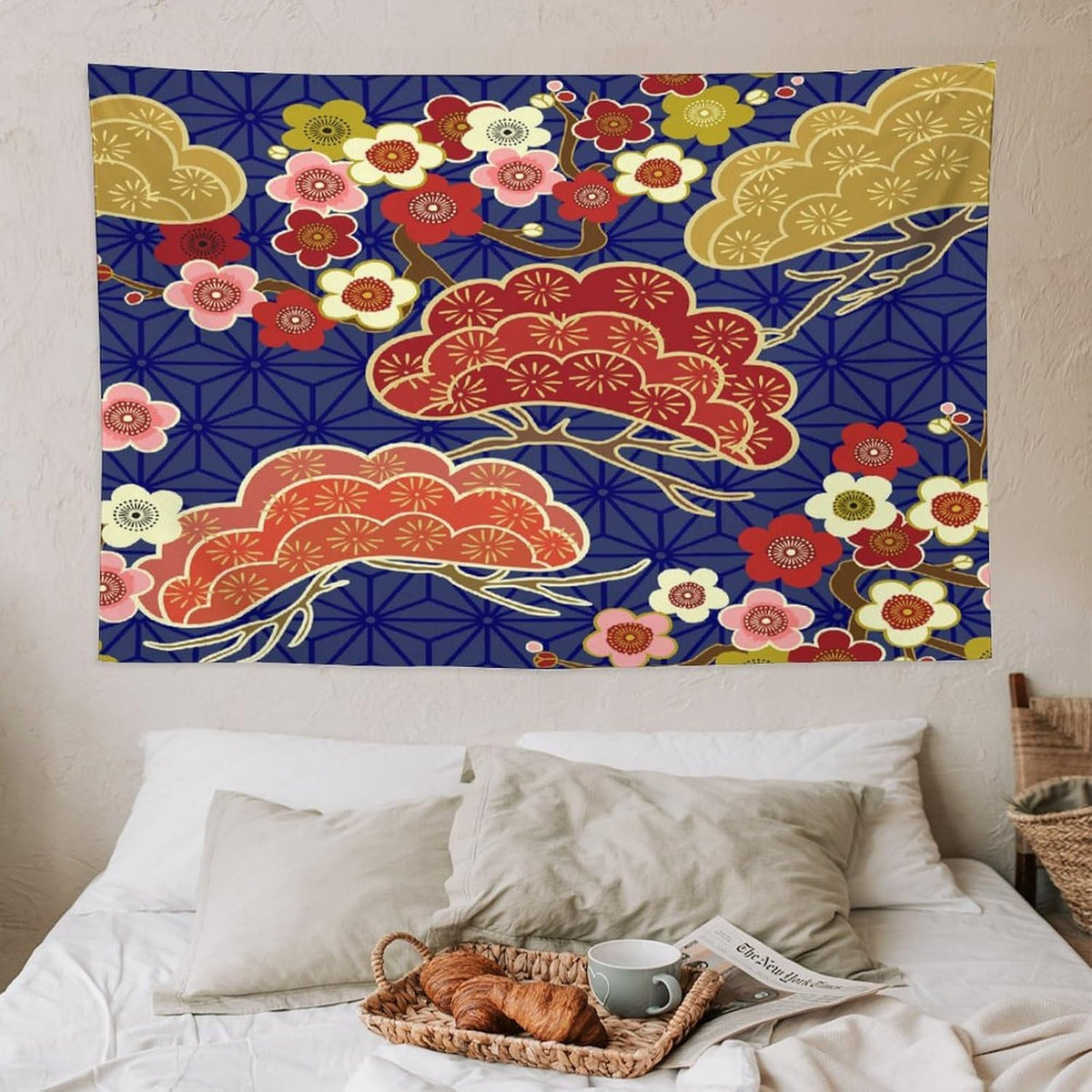 HZOHNAGO Japanese Tapestry Art Abstract Colorful Cherry Blossom Blue Background Pattern Printed Wall Tapestry Painting Wall Hanging for Bedroom Living Room Dorm 60" W x 40" H