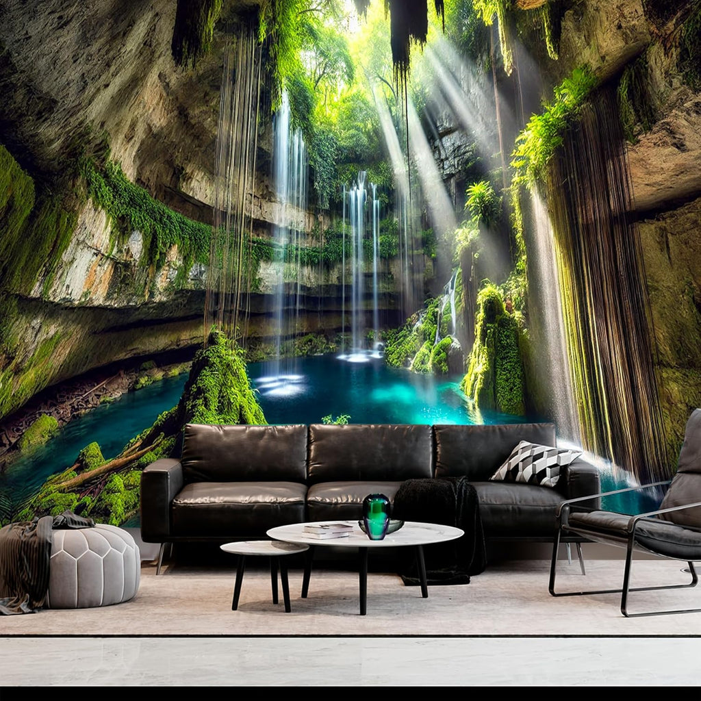 BSFHH Nature Tapestry Forest Tree Sea Cave Wall Hanging, Stream Through Rainforest Landscape Wall Art Tapestry for Bedroom Living room (Fall, 90"×70", Unframed)