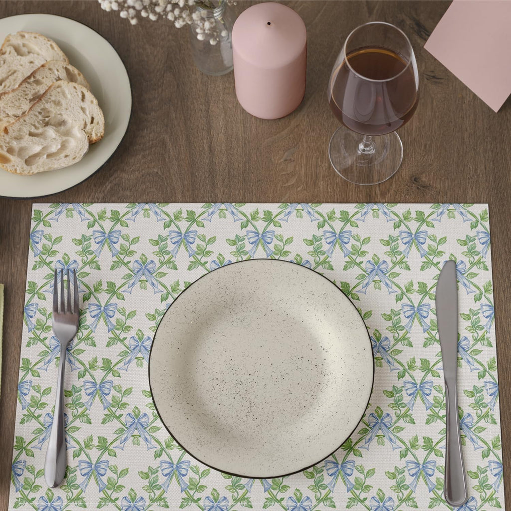 Green Leaf Placemats Set of 4, Blue Bow Table Mat for Home Kitchen, Restaurants, Outdoor Linen Washable Place Mats 12x18 inch Party Event Dining Decoration-01