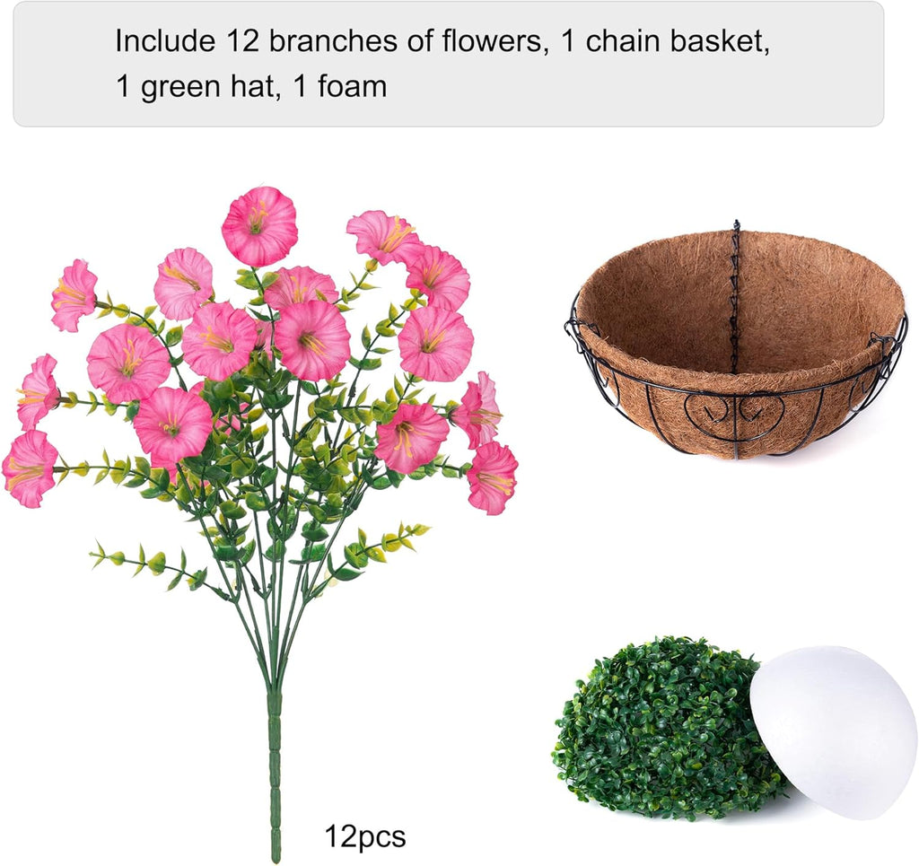 Artificial Faux Hanging Plants Flowers Basket for Outdoors Outside Spring Summer Decoration, Silk Pink Morning Glory in Planter UV Resistant Look Real Fake Flowers for Porch Patio Balcony Home Yard