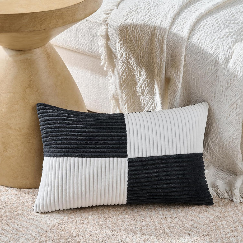 Fancy Homi Set of 2 Black White Lumbar Decorative Throw Pillow Covers 12x20 Inch for Living Room Bedroom Couch Bed Sofa, Soft Striped Corduroy Modern Rectangle Accent Cushion Case 30x50 cm