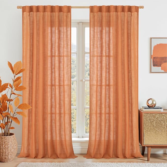 Burnt Orange Sheer Linen Curtains 84 Inch Length by LAMIT