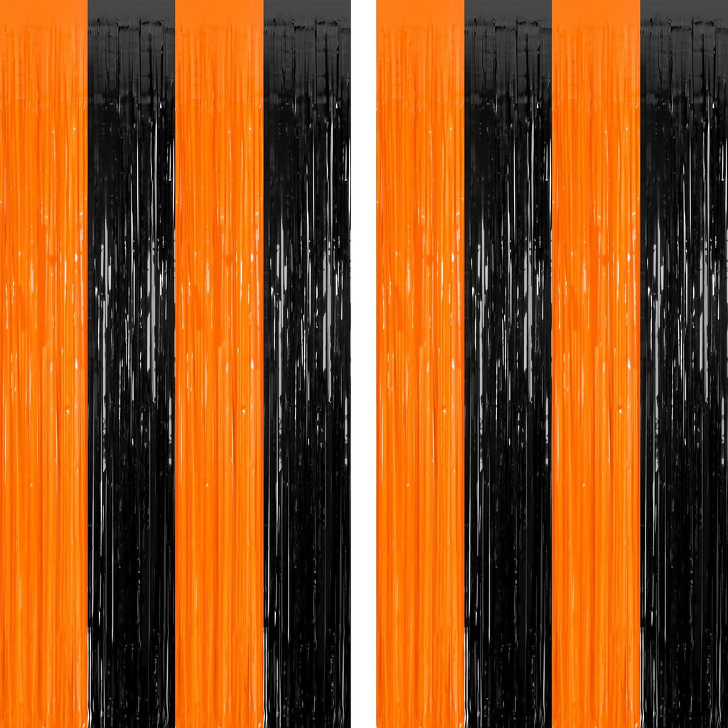 2 Pack Halloween Photo Backdrop, 3.28 FT x 7.05 FT Orange and Black Party Streamer, Metallic Foil Fringe Curtains Tinsel Backdrop, Halloween Birthday Party Decorations Hanging Decor Indoor