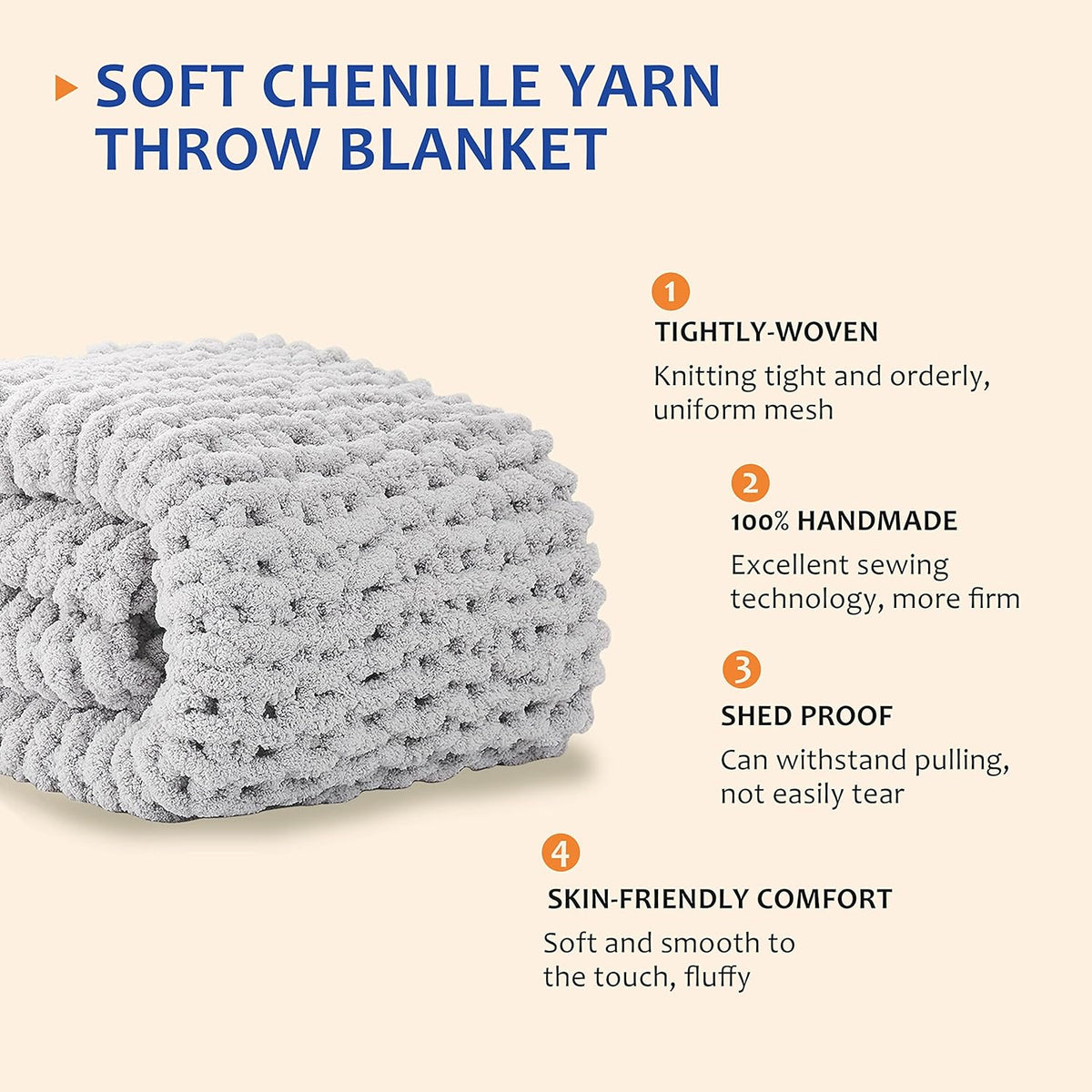 L'AGRATY Chunky Knit Blanket Throw: 80''x90'' Chenille Chunky Knitted Throw Blanket for Bed Couch - Handmade Thick Big Cable Knit Blanket - Large Chunky Crochet Rope Blanket for Home Decor(Grey)
