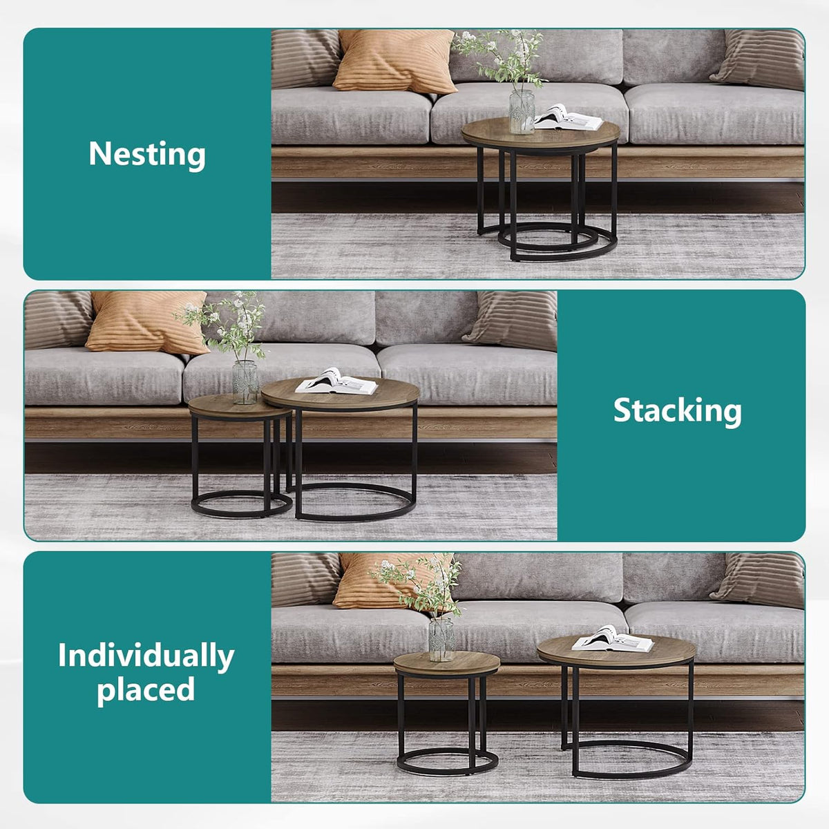 Smuxee Nesting Coffee Table Set of 2, 23.6" Round Coffee Table Wood Grain Top with Adjustable Non-Slip Feet, Industrial End Table Side Tables for Living Room Bedroom Balcony Yard