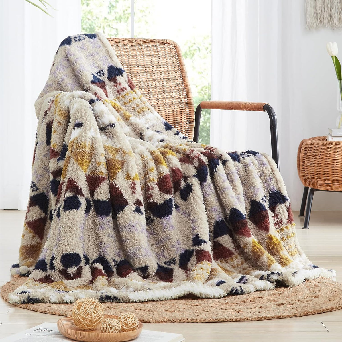 CASAAGUSTO Boho Sherpa Blanket,Teal Aztec Twin Blanket, Ultra Soft, Warm, Cozy, Plush, Thick Fleece Western Blanket for Couch, Bed, Sofa (Khaki 60 * 80 Inch)